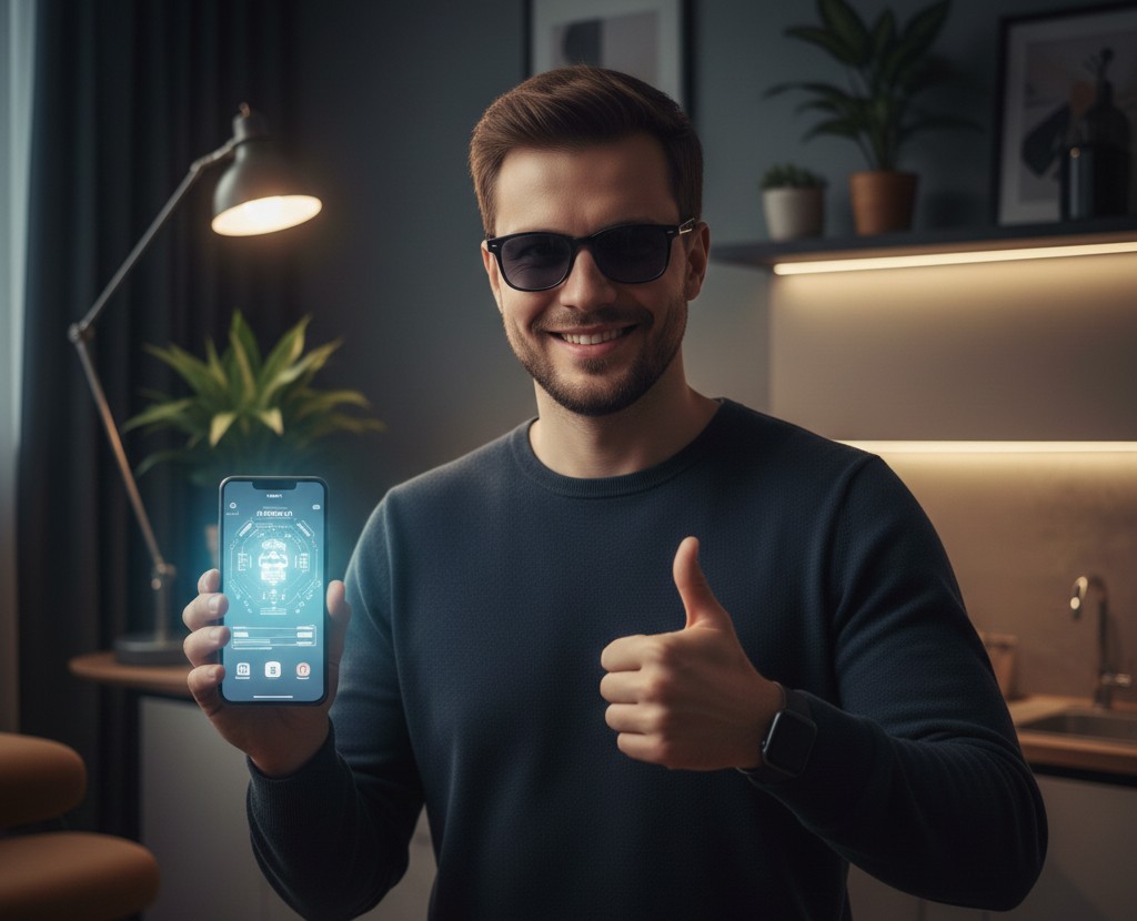 Personne portant des lunettes connectées dans un environnement numérique, symbolisant l’IA accessible