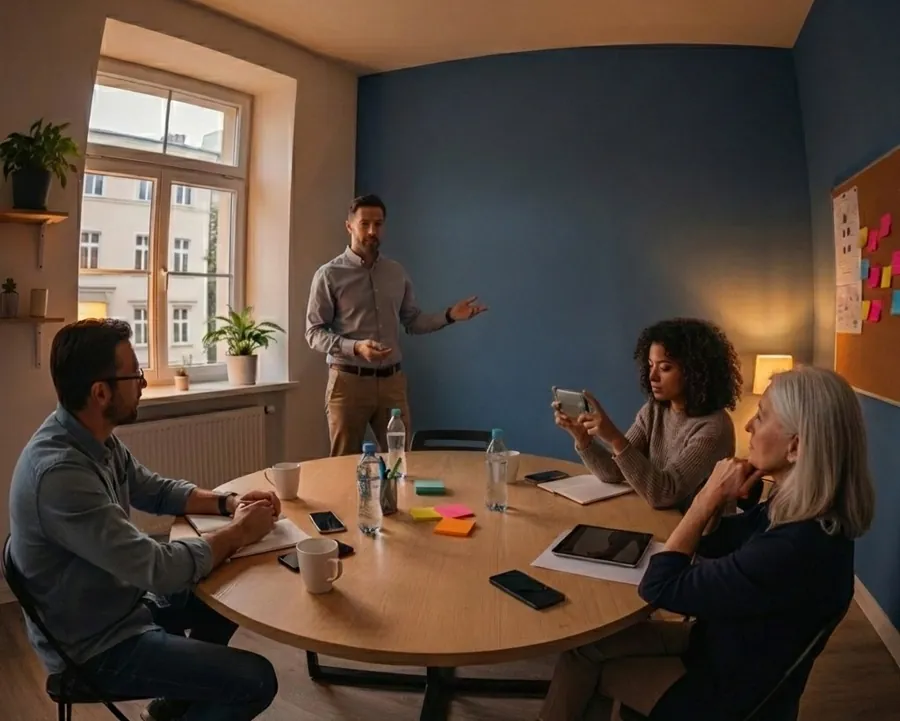Un formateur anime un atelier autour d’une table avec trois participants.