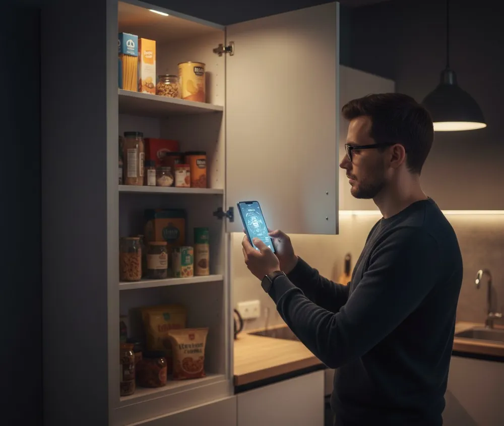 Une personne utilise l’assistant vocal de son smartphone pour se repérer dans un placard de cuisine.